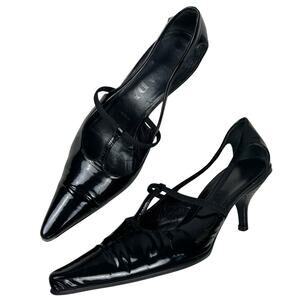 Prada Vintage 90s Black Patent Leather Pointed Toe T Strap Kitten Heels 5.5